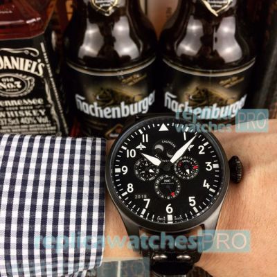 Low Price Replica IWC Big Pilots Top Gun Black Dial Black Leather Strap Automatic Watch